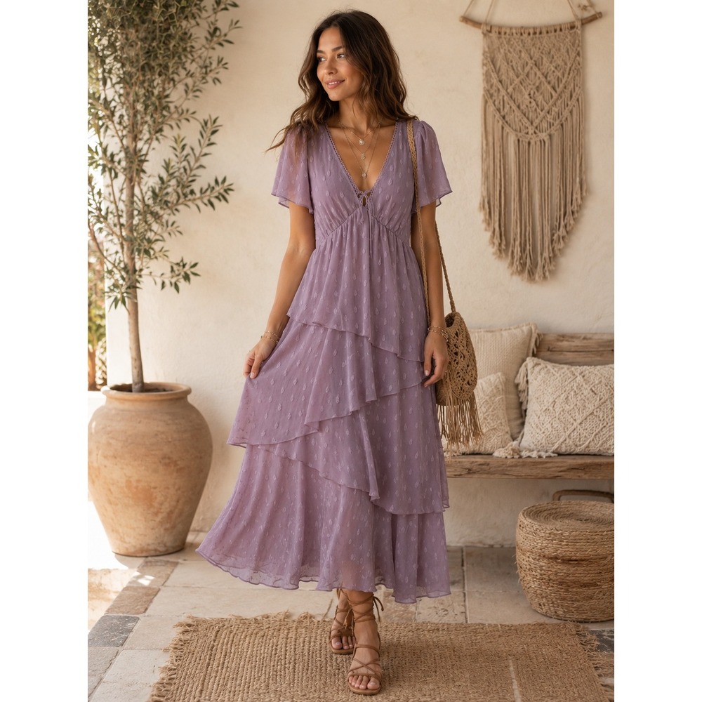 ASOS DESIGN Mauve Purple Dobby Tiered Maxi Dress Flutter Sleeve Open Back US 8